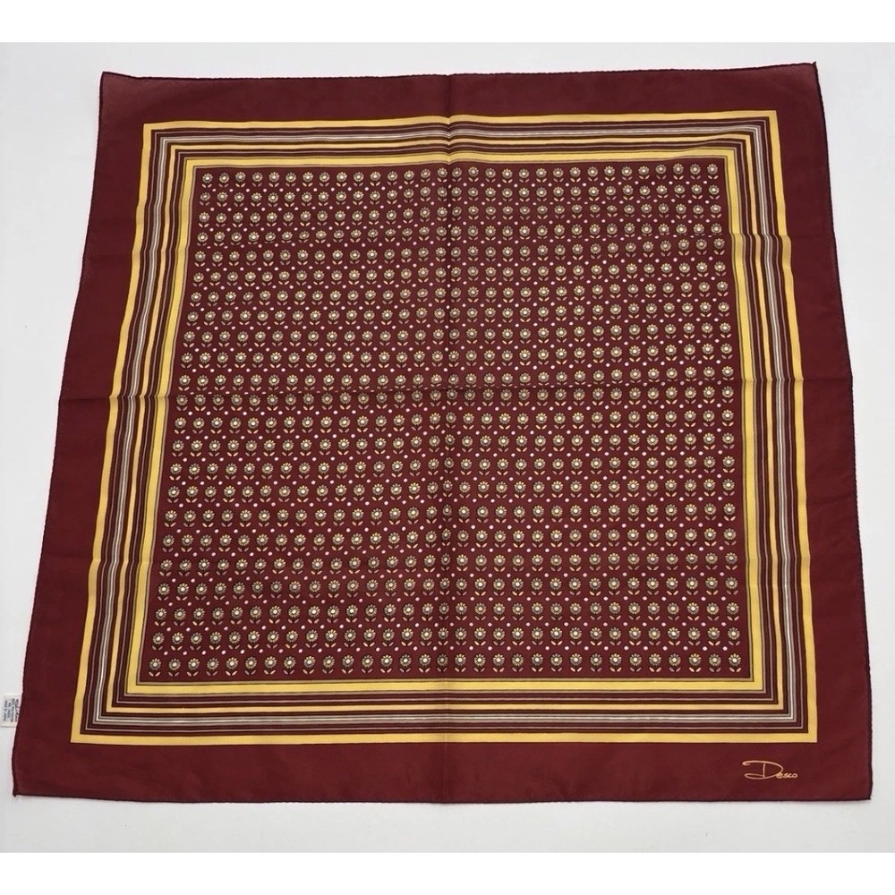 VTG Desco Scarf Mod Floral Polka Dot Burgundy Yellow Retro 70s Square Japan 25"